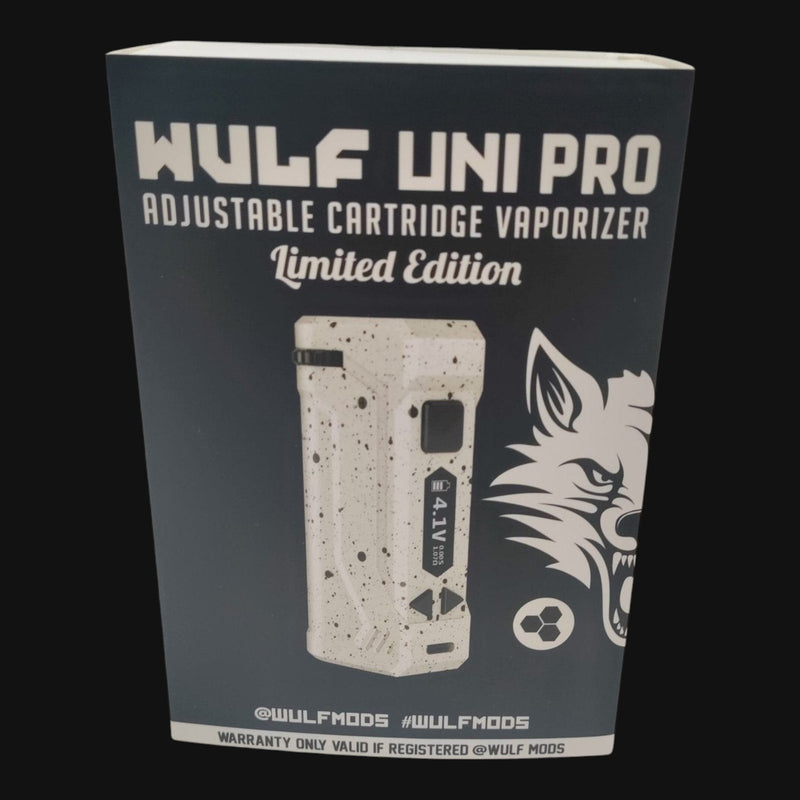 710 Pipes Smoke Shop Wulf Uni Pro limited edition cartridge box with white speckled design and wolf logo