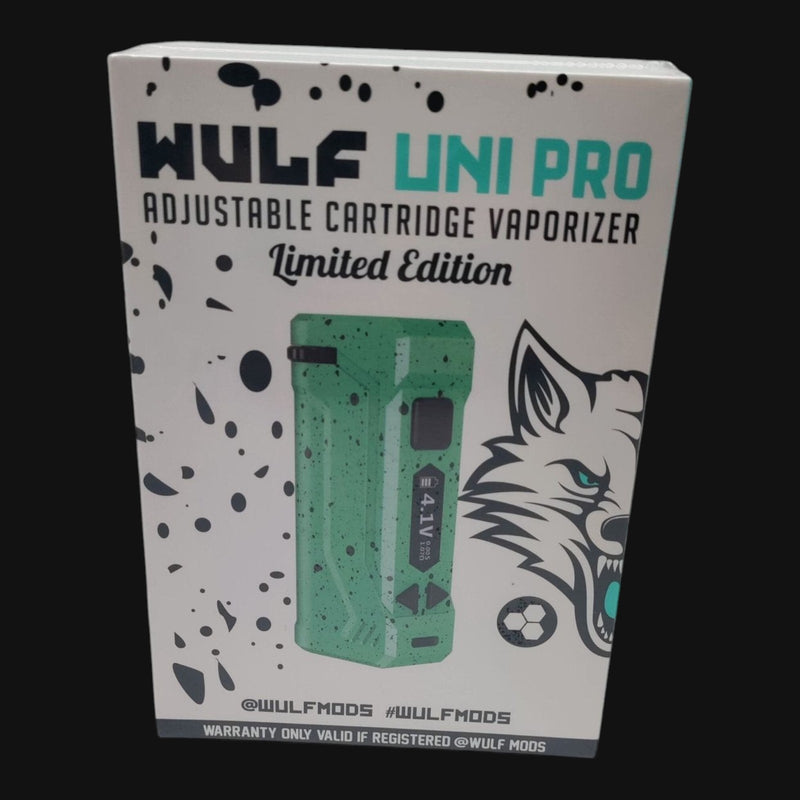 710 Pipes Smoke Shop Wulf Uni Pro limited edition green splatter cartridge battery in its retail packaging