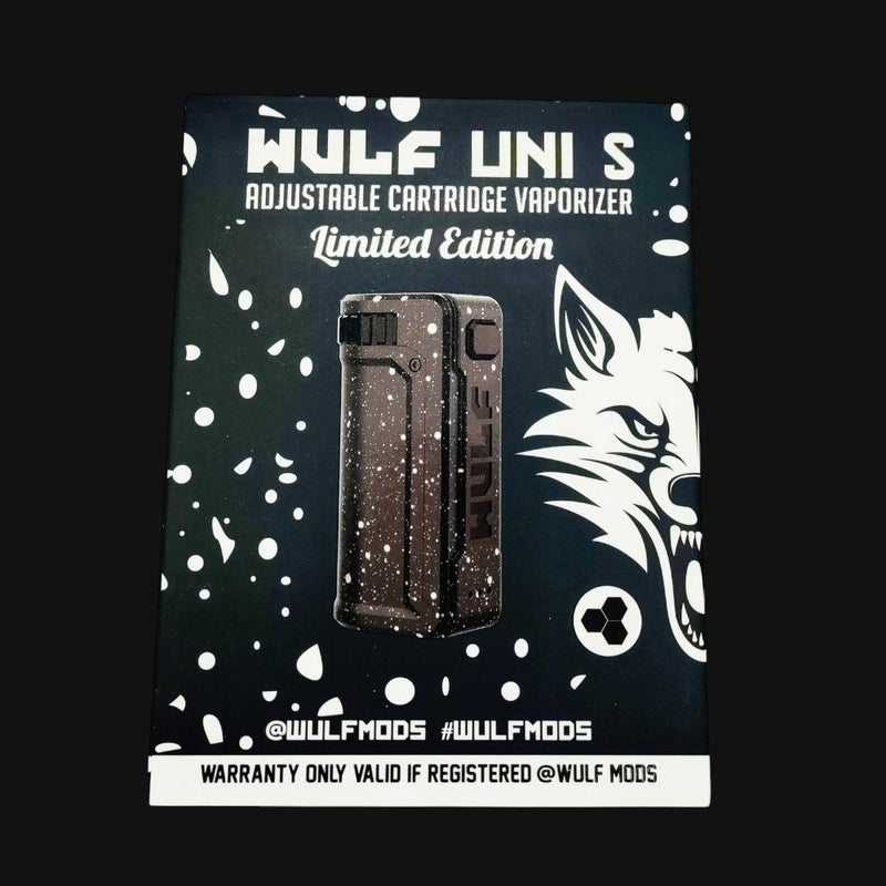 710 Pipes Smoke Shop Wulf Uni S adjustable cartridge battery in a black and white splatter design retail box
