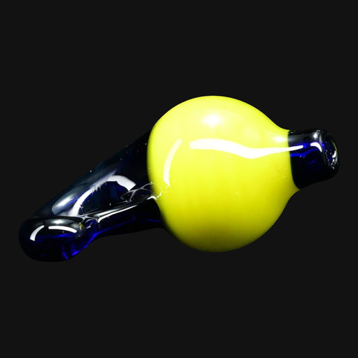 710 Pipes Smoke Shop Liquid Glass Works yellow and blue glass carb cap with a rounded design