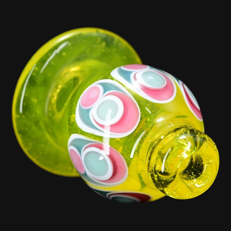 710 Pipes Smoke Shop Robbie Lofland mini bubble cap in yellow glass with pink and blue dot stack patterns.