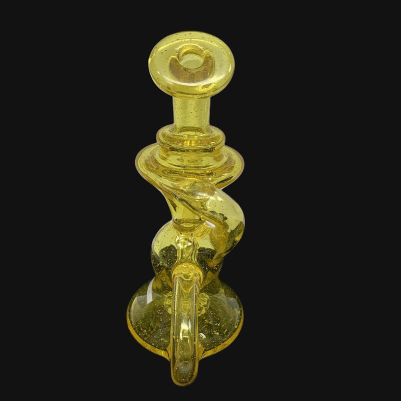 710 Pipes Smoke Shop yellow glass recycler rig with CFL terps, 6 inches tall, 10mm joint.