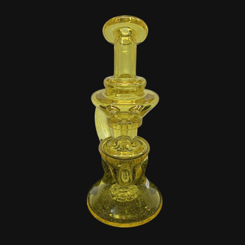 710 Pipes Smoke Shop yellow glass recycler rig with CFL terps, 6 inches tall, 10mm joint.