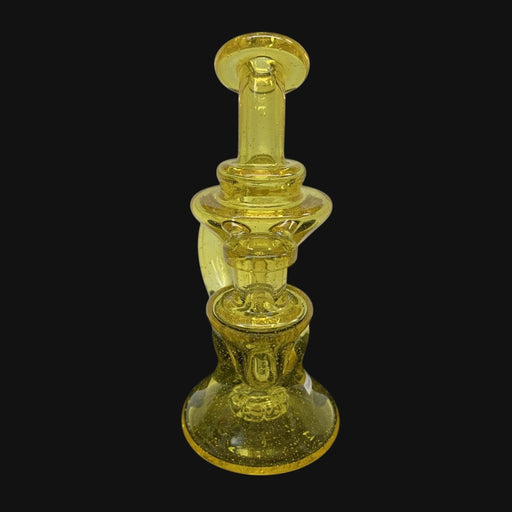 710 Pipes Smoke Shop yellow glass recycler rig with CFL terps, 6 inches tall, 10mm joint.