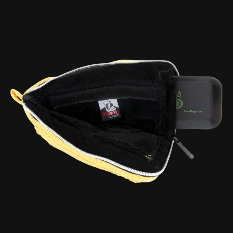 710 Pipes Smoke Shop yellow Dime Bags padded pouch with black interior lining and zipper closure