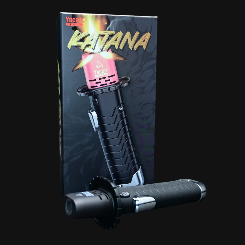 710 Pipes Smoke Shop YoCan Katana Torch with ergonomic black handle and refillable butane design in front of packaging