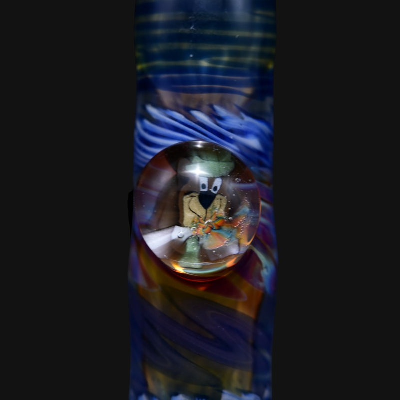 710 Pipes Smoke Shop Matty White Carnival Milli one hitter pipe featuring a detailed Yogi Bear glass marble inlay.