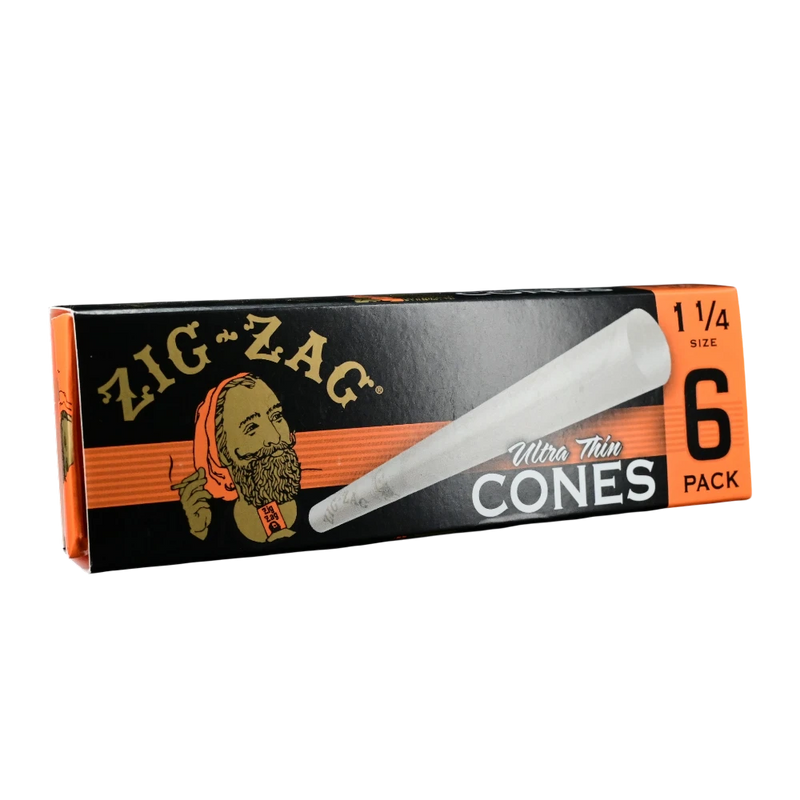 710 Pipes Smoke Shop Zig-Zag 1 1/4 size ultra-thin pre-rolled cones in a 6-pack box with iconic branding.