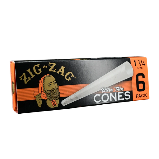 710 Pipes Smoke Shop Zig-Zag 1 1/4 size ultra-thin pre-rolled cones in a 6-pack box with iconic branding.