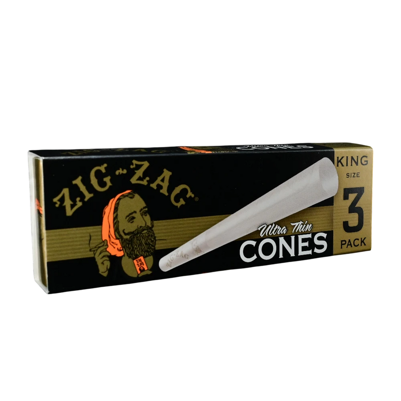 710 Pipes Smoke Shop Zig-Zag king size ultra-thin pre-rolled cones in a 3-pack box with iconic branding.