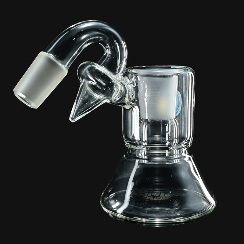 710 Pipes Smoke Shop Zombie Hands 18mm clear glass dry catcher with a curved joint and flared base design.