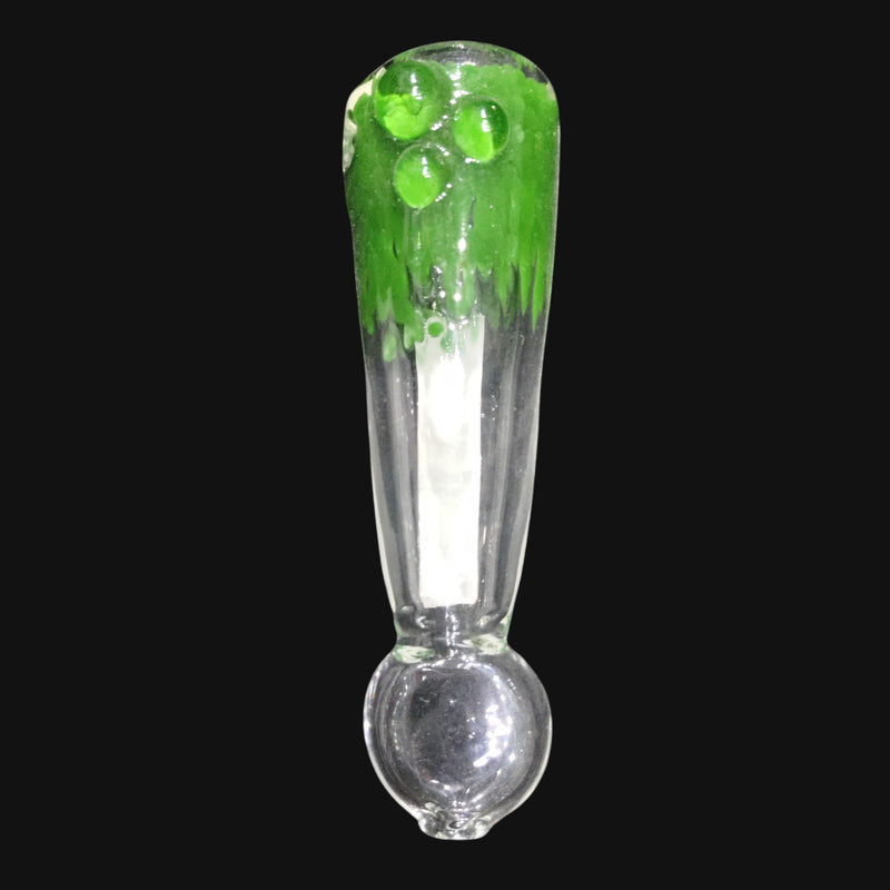 glass chillum with a carb, featuring a clear base and a vibrant green textured top.