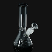 8-inch clear glass beaker water pipe with black lip accent from 710 Pipes Smoke Shop on a black background.
