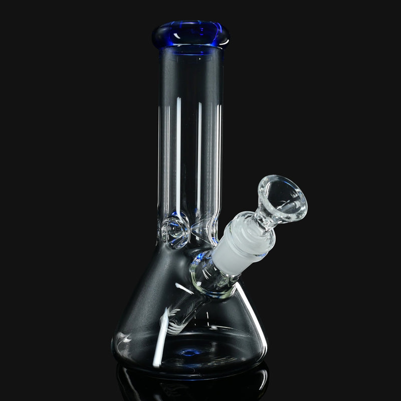 8-inch 710 Pipes Smoke Shop beaker water pipe with clear glass and blue lip accent on a black background