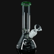 8-inch clear glass beaker water pipe with a green lip accent, sold by 710 Pipes Smoke Shop.