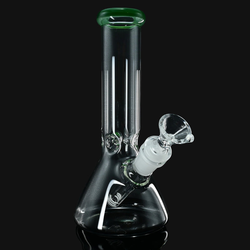 8-inch clear glass beaker water pipe with a green lip accent, sold by 710 Pipes Smoke Shop.