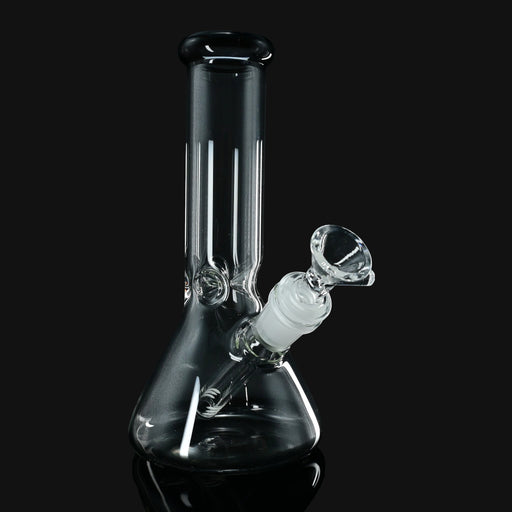 8-inch clear glass beaker water pipe with black smoke  lip accent from 710 Pipes Smoke Shop on a black background.