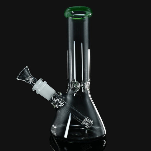 8-inch 710 Pipes Smoke Shop clear glass beaker water pipe with a green lip accent and removable downstem.