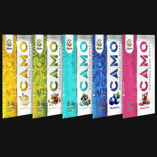 710 Pipes Smoke Shop Camo Natural Leaf Wraps in various flavors, tobacco-free chamomile and mate blunt wraps.
