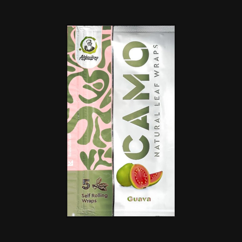 710 Pipes Smoke Shop Camo Guava natural leaf wraps made from chamomile and mate, tobacco-free with 5 wraps per pack.
