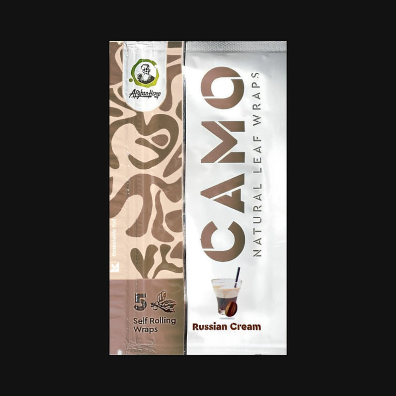710 Pipes Smoke Shop Camo Natural Leaf Wraps in Russian Cream flavor, a 5-pack of tobacco-free chamomile and mate.