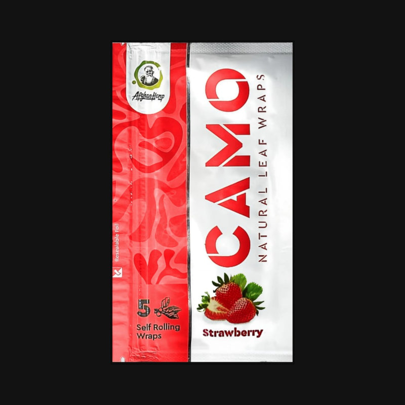 710 Pipes Smoke Shop Camo Strawberry natural leaf wraps made from chamomile and mate in a 5-pack resealable pouch.