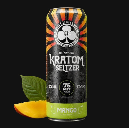 710 Pipes Smoke Shop Club13 12oz mango flavored kratom seltzer can with condensation and fresh mango slice