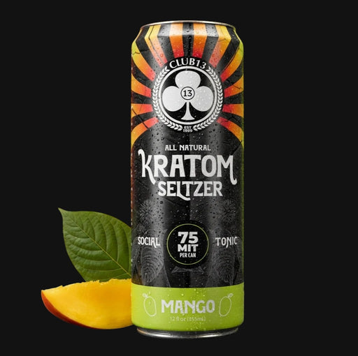 710 Pipes Smoke Shop Club13 12oz mango kratom seltzer can with 75mg mitragynine, featuring a vibrant fruit design.