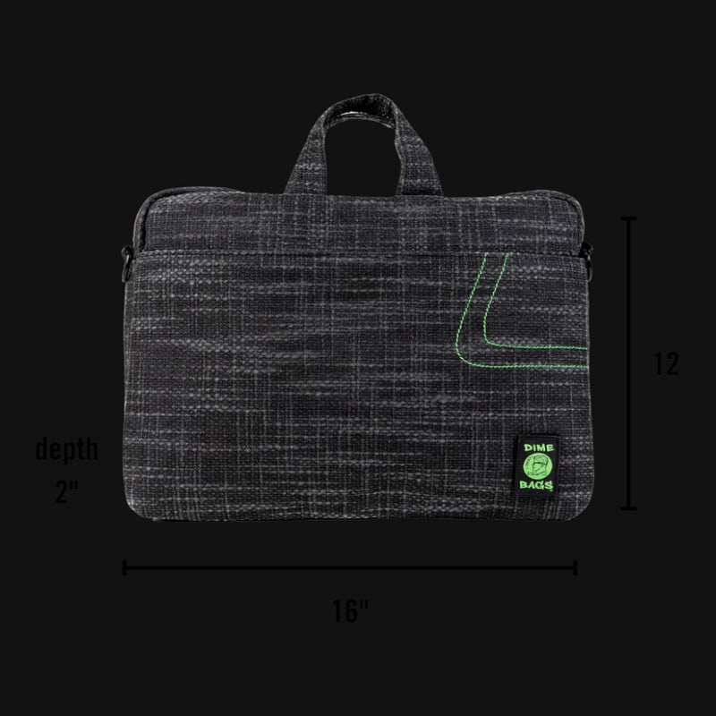 710 Pipes Smoke Shop Dime Bags Side Hustler 17 inch laptop bag in black textured fabric with green accent stitching.