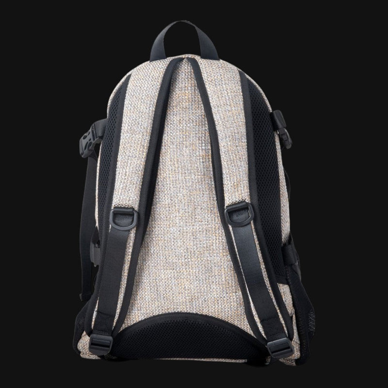 Dime Bags Classic backpack in tan hempster fabric, showing the back view with adjustable straps.