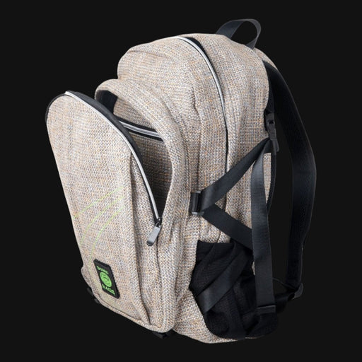 Dime Bags Classic Backpack in tan Hempster fabric with side straps and mesh pockets