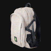 Dime Bags Classic Backpack in textured beige Hempster fabric with black straps and side pockets.