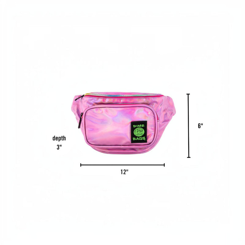Dime Bags Party Pack in disco pink holographic material with dimensions and velcro label