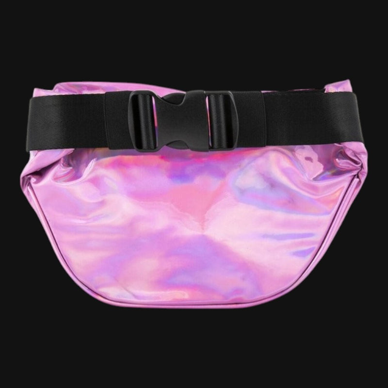 Dime Bags Party Pack fanny pack in holographic disco pink with a black adjustable waist strap.