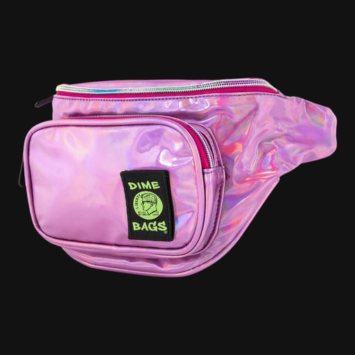 Dime Bags Party Pack in holographic disco pink with a front zipper pocket and branded label.