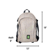 Dime Bags Classic Backpack in textured tan Hempster fabric with dimensions and logo patch