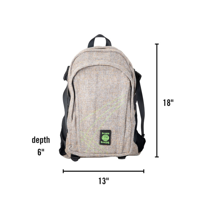 Dime Bags Classic Backpack in textured tan Hempster fabric with dimensions and logo patch