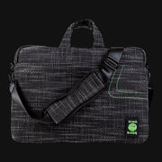 710 Pipes Smoke Shop Dime Bags Side Hustler 17-inch laptop bag in charcoal grey textured fabric with green accents.
