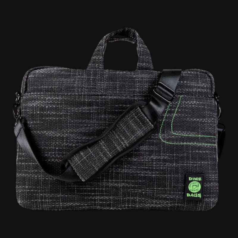 710 Pipes Smoke Shop Dime Bags Side Hustler 17-inch laptop bag in charcoal grey textured fabric with green accents.