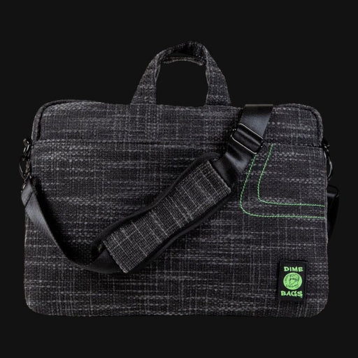 710 Pipes Smoke Shop Dime Bags Side Hustler 17-inch laptop bag in charcoal grey textured fabric with green accents.