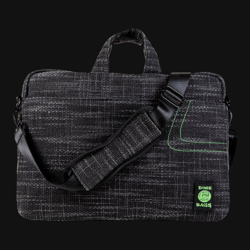 Dime Bags Side Hustler 17-inch laptop bag in grey textured fabric with green accent stitching.