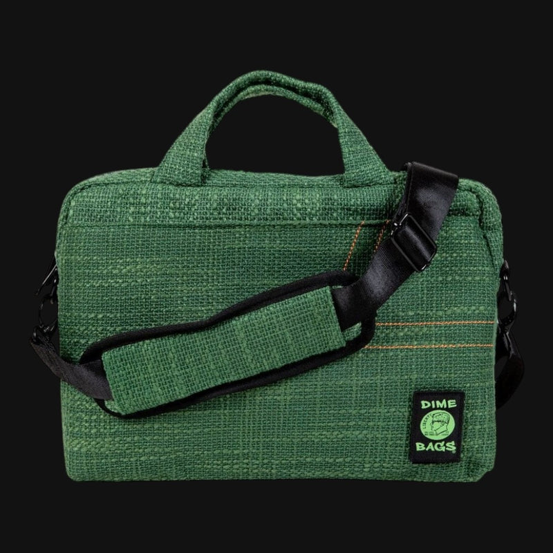 Dime Bags Side Hustler 15 inch laptop bag in green hempster fabric with black shoulder strap.