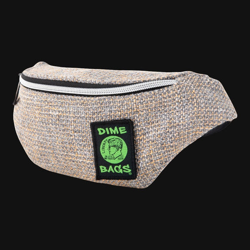 Dime Bags Stash Pack in concrete grey Hempster fabric with a green logo patch and zipper closure.