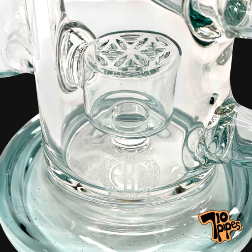 710 Pipes Smoke Shop Fat Boy Glass Klein dab rig featuring a clear glass seed of life percolator and Nemo color accents.