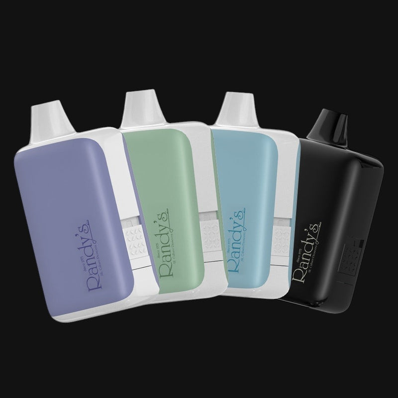Four Randy's Inspo XL 510 batteries in purple, green, blue, and black from 710 Pipes Smoke Shop.