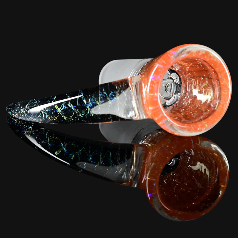 710 Pipes Smoke Shop Kadabra 14mm glass slide in Hot Sauce Cropal with orange rim and iridescent blue accents.