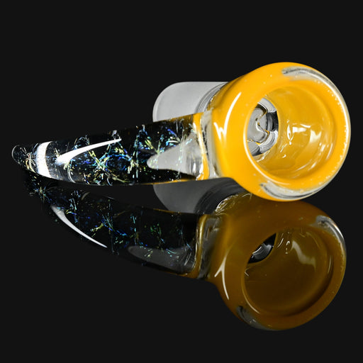 710 Pipes Smoke Shop Kadabra 14mm glass slide in mango yellow with iridescent dichroic accents on a black background