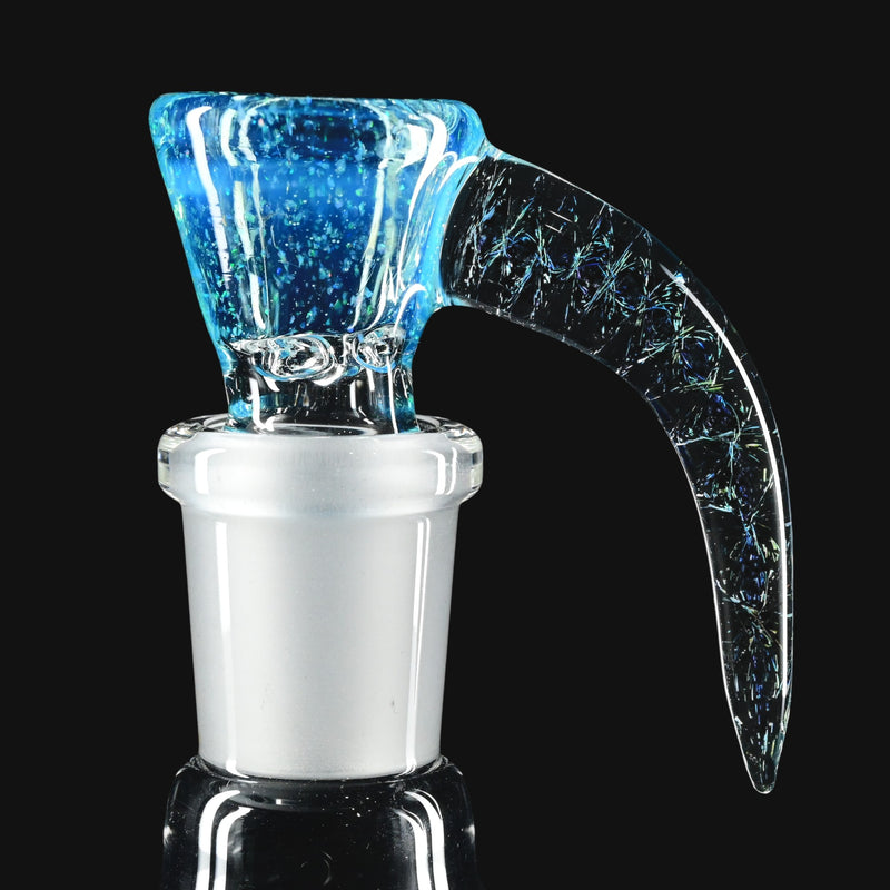 710 Pipes Smoke Shop Kadabra 14mm glass slide with a blue speckled bowl and a curved clear handle with iridescent accents.