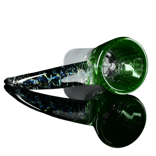 lay down view of Kadabra 14mm Slide bowl in the color of Green Stardust for smoking
