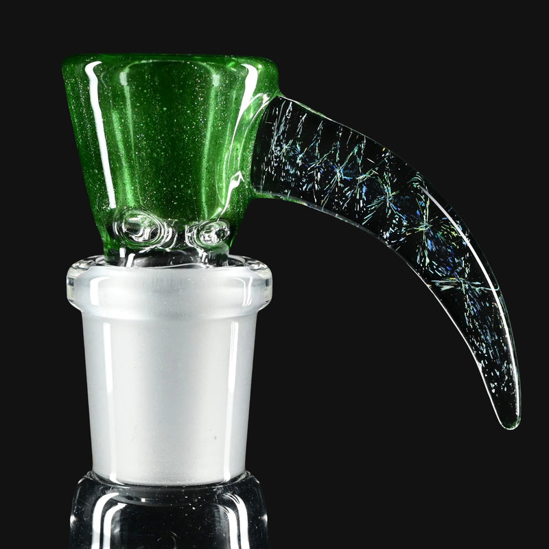 Side view of Kadabra 14mm Slide bowl in the color of Green Stardust  for smoking